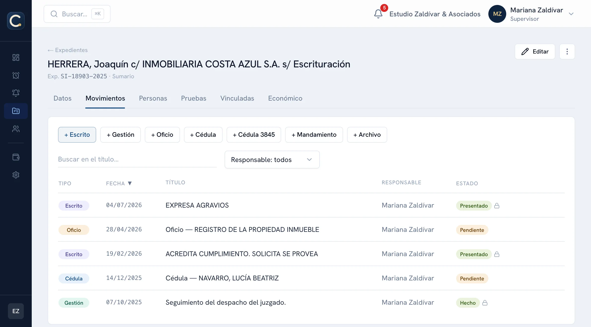 Solapa de movimientos de un expediente en Causa App: escritos, oficios, cédulas y gestiones con su tipo, fecha, responsable y estado, y lo presentado trabado como constancia.